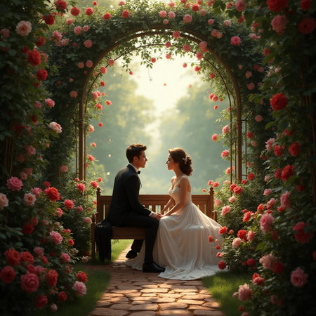 Wedding couple sitting on a bench in the garden with rosesの素材