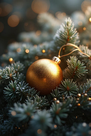 Christmas tree with golden bauble on blurred lights background, closeupの素材