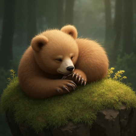 brown bear lying on the moss in the forest. 3d renderの素材