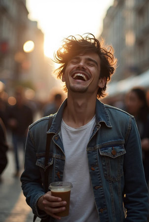 Portrait of a young man laughing and drinking coffee in the cityの素材