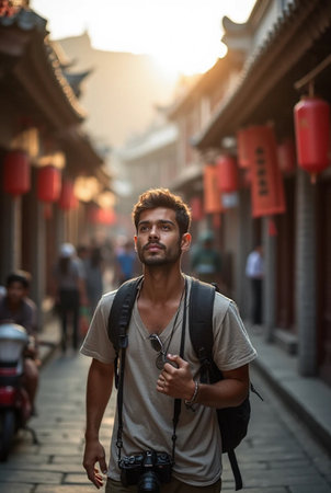 Handsome young man with a backpack in the streets of Chinaの素材