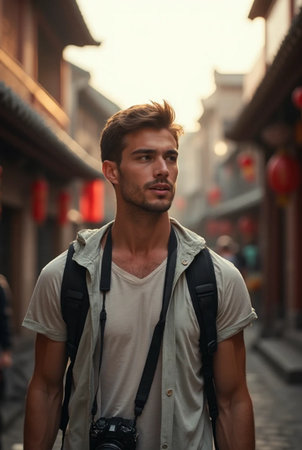 Handsome young man with backpack walking in the ancient town.の素材