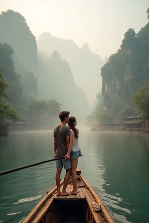 Couple in a boat on the Li River in Guilin, Chinaの素材