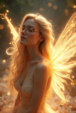 Beautiful young woman with angel wings in fairy forest. Fairy tale.の素材