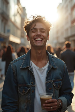 Portrait of a handsome young man laughing and drinking coffee on the streetの素材