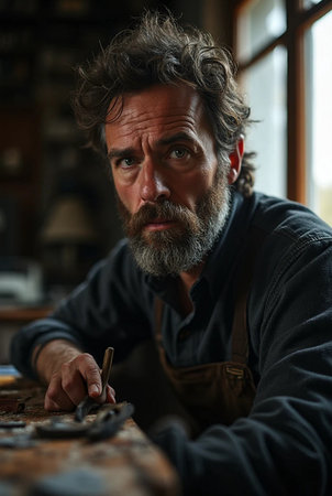 Portrait of a craftsman working in his workshop. Bearded man wearing apron.の素材
