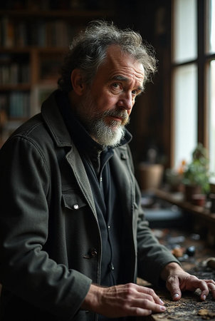 Portrait of a senior man sitting at his desk in his home.の素材