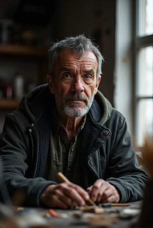 Portrait of a senior craftsman working with wood in his workshopの素材