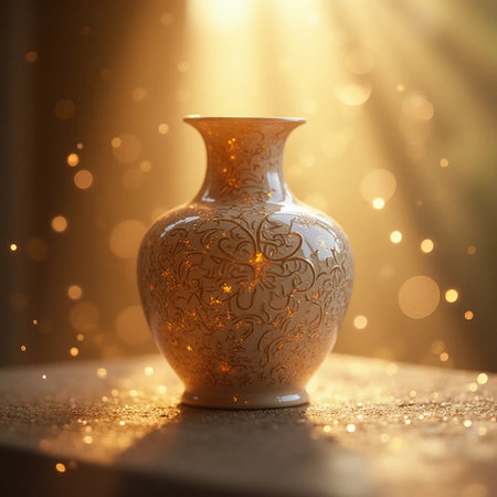 Vintage ceramic vase on wooden table with bokeh backgroundの素材