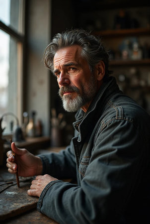 Portrait of a senior man working with leather in his workshop.の素材