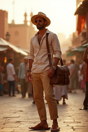 Portrait of a handsome young man walking through the streets of the old cityの素材