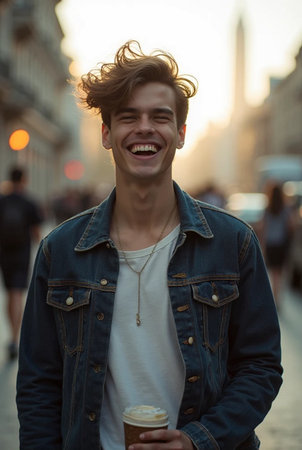 Handsome young man with cup of coffee in the city.の素材