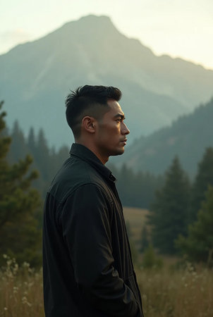 Handsome young man in the mountains at sunset, looking awayの素材