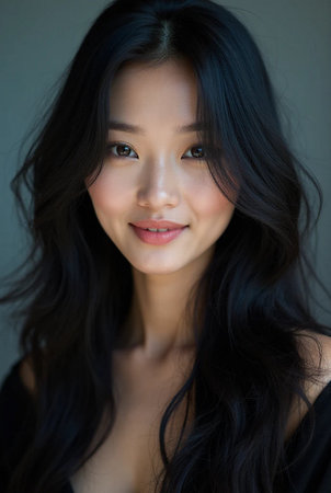 Portrait of a beautiful Asian woman with black hair and brown eyesの素材