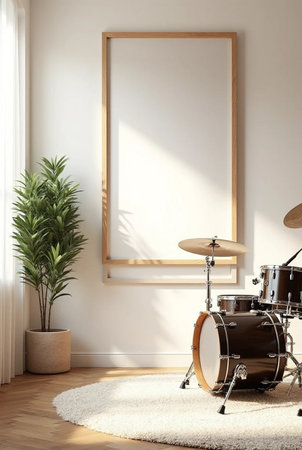 Drum kit in living room interior with mock up poster. 3d renderの素材