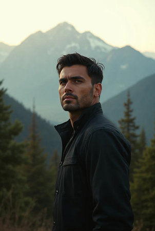 Handsome man in black jacket standing on top of mountain and looking awayの素材