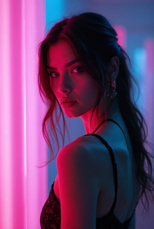 Portrait of a beautiful young woman in black lingerie in neon light.の素材