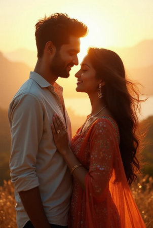 Beautiful couple in Indian traditional clothes embracing each other at sunsetの素材