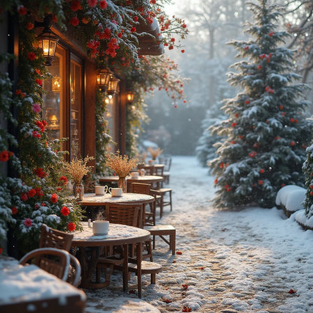 Beautiful winter cafe with Christmas decorations. Winter cafe. Christmas backgroundの素材