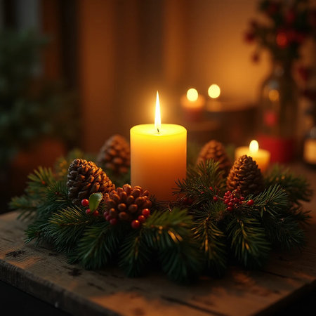 Christmas wreath with burning candle on wooden table. Christmas background.の素材
