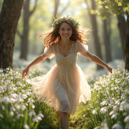 Beautiful young woman in white dress and wreath running in spring forestの素材