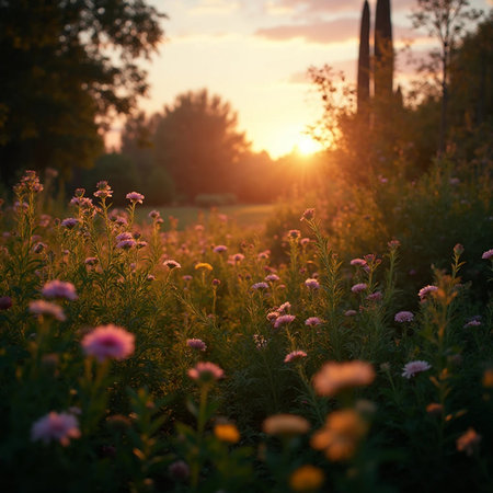 Sunset in the meadow with flowers and trees in the backgroundの素材
