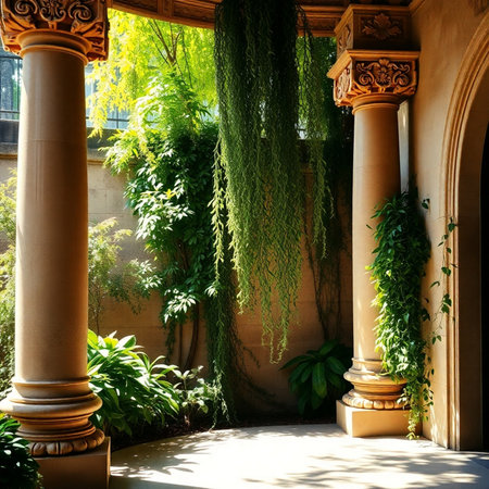 Luxury interior design of a building with columns and plants.の素材