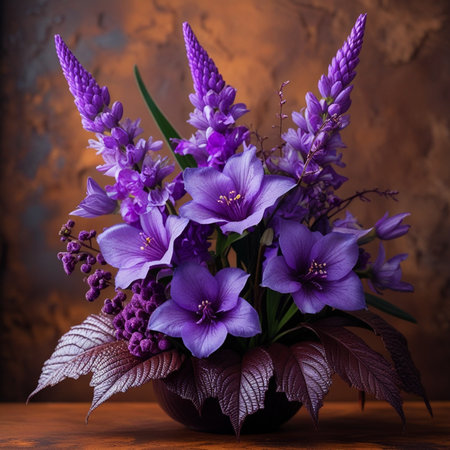 Purple flowers in a vase on a wooden table. Dark background.の素材