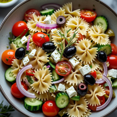 Pasta salad with feta cheese, cucumber, tomato and olivesの素材
