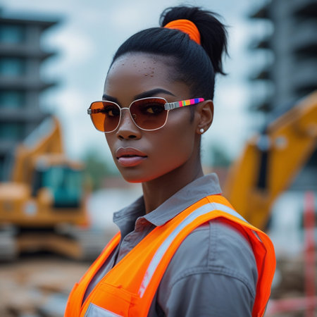 young african american woman in sunglasses and orange vest on construction siteの素材