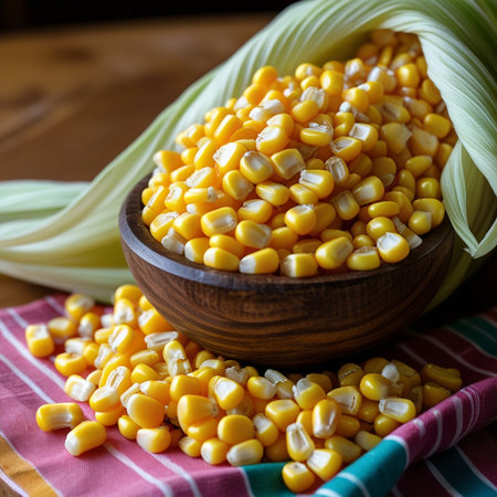 sweet corn in a wooden bowl on a wooden background. selective focusの素材
