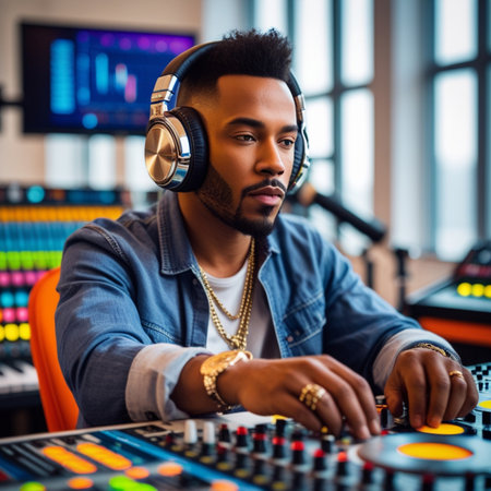 african american dj in headphones working on mixing console in recording studioの素材