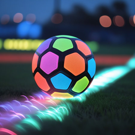 Soccer ball on the grass. 3D rendering. Neon lights.の素材