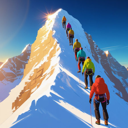 Climbers on the top of a mountain against the background of the sunの素材