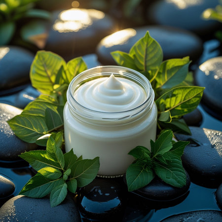 Jar of cream with fresh mint leaves on zen basalt stonesの素材