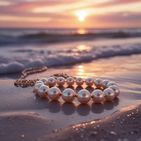 Pearl necklace on the beach at sunset. Beautiful background. Selective focus.の素材