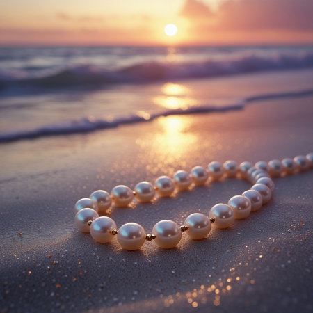 Pearl necklace on the beach at sunrise. Shallow depth of fieldの素材