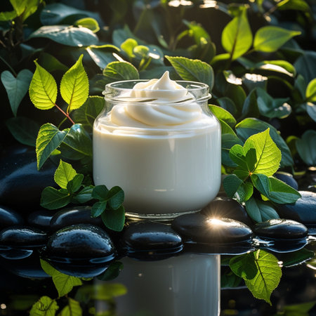 Greek yogurt in a glass jar with fresh green leaves on a black stone background.の素材