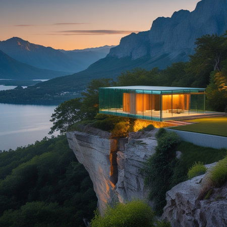 Beautiful view of the lake and the mountains in the background.の素材