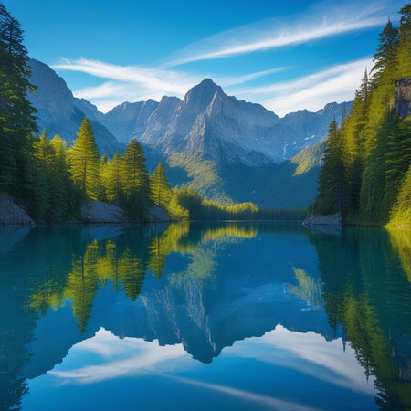 Mountain lake with reflection of the mountains and coniferous forestの素材