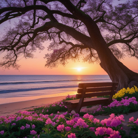 Beautiful sunset over the beach with a bench and blooming flowersの素材