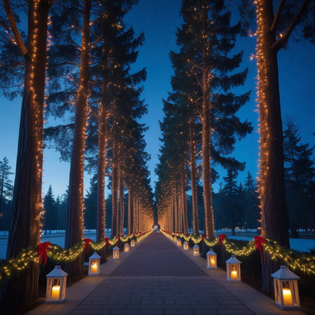 Beautiful winter landscape with a path in the forest decorated with Christmas lightsの素材