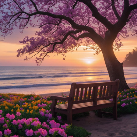 Cherry blossoms and bench on the beach at sunset in springの素材