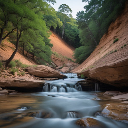 Beautiful river flowing through the forest on a summer day. Long exposure.の素材