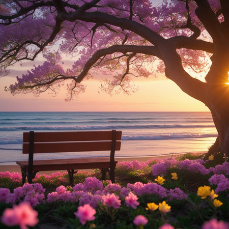 Bench on the beach with blooming sakura tree and pink flowersの素材