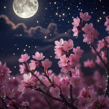 cherry blossom and full moon in the night sky, vintage styleの素材