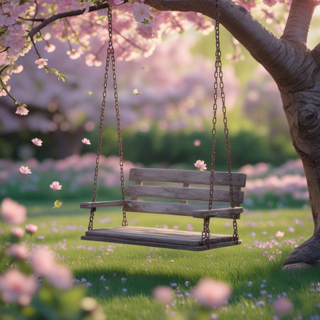 Wooden swing with cherry blossom in spring garden. 3d renderingの素材