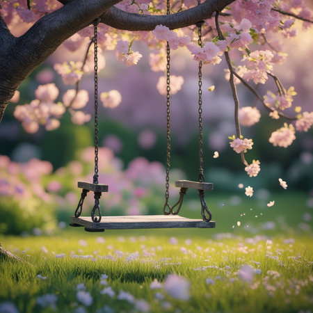 Wooden swing on the meadow with blooming sakura flowersの素材