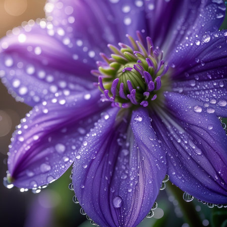 Beautiful purple clematis flower with dew drops close upの素材