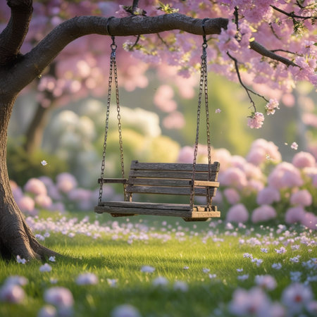 Wooden swing in blooming cherry tree garden with pink flowers.の素材